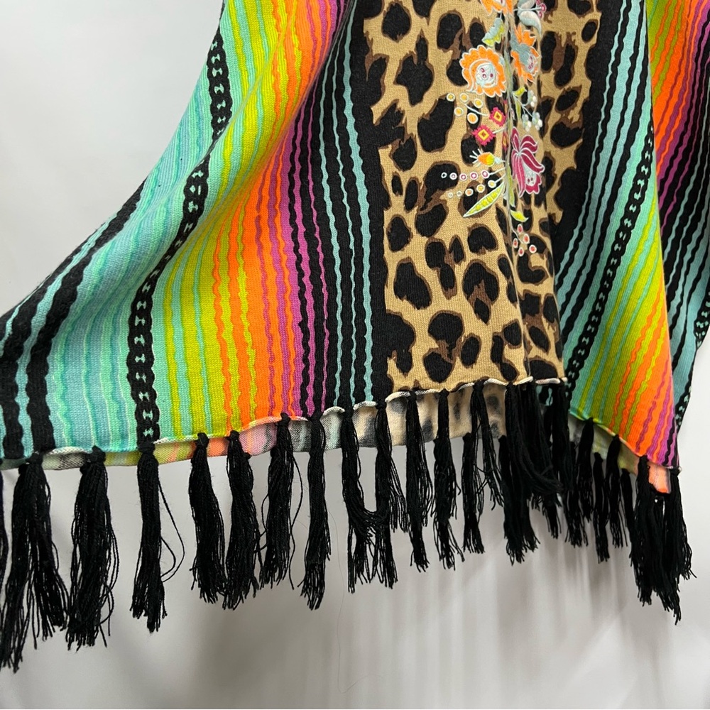 Crazy Train reg Multicolor Leopard animal Print Tunic poncho fringe hem floral - Picture 10 of 11